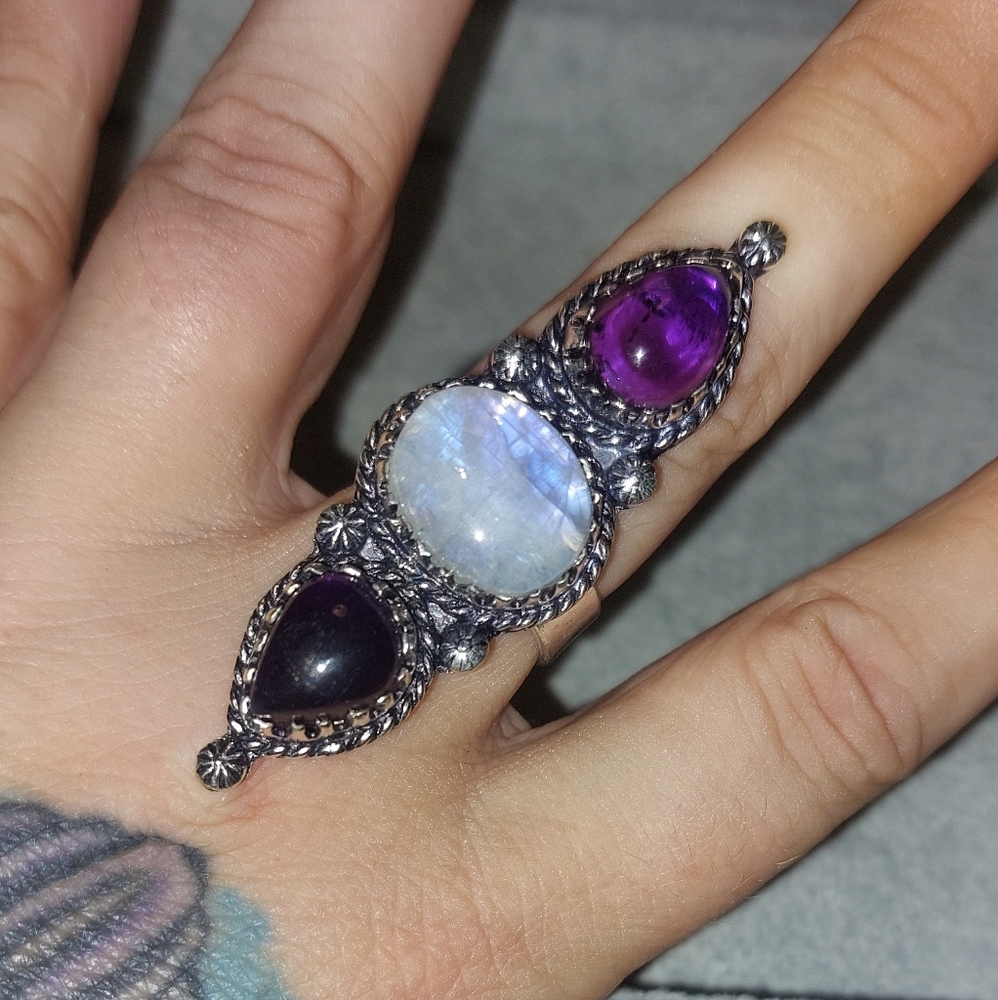 Moonstone and Amethyst Triple Stone Statement Ring Size 8.5